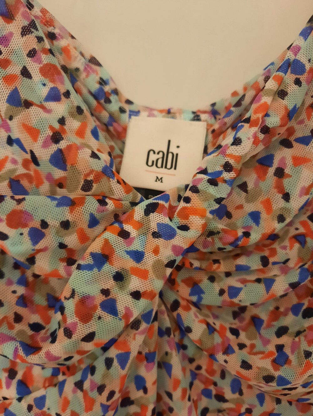 CAbi Multicolor Knot-Neck Blouse in Blue, Orange & Black